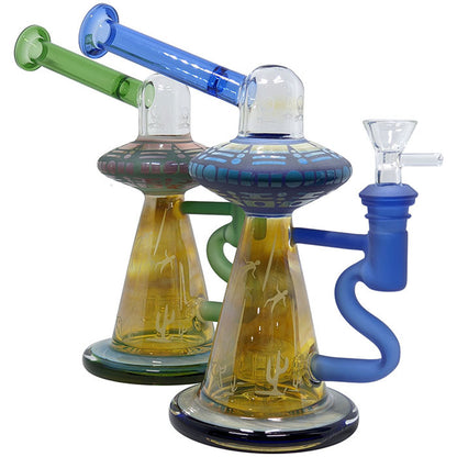 9" UFO Sandblasted Fumed Rig Water Pipe - with 14M Bowl & 4mm Banger