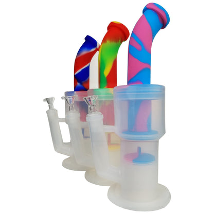 12" Silicone Clear & Mixed Color Multi Perc Banger Hanger Water Pipe - with 14M Bowl & 4mm Banger