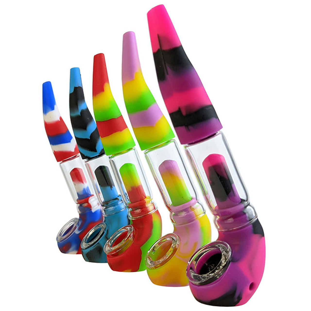 6" Silicone Assorted Color Glass Perc Sherlock Hand Pipe