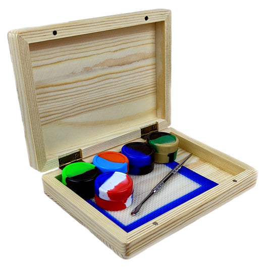 6.25" x 4.5" Wooden Box Silicone Dab Set - SINGLE