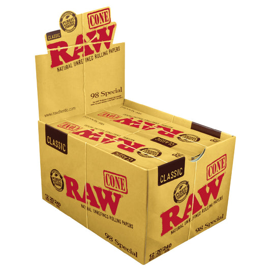 RAW® - Classic 98mm/20mm Pre-Roll Cones (20ct) - Display of 12