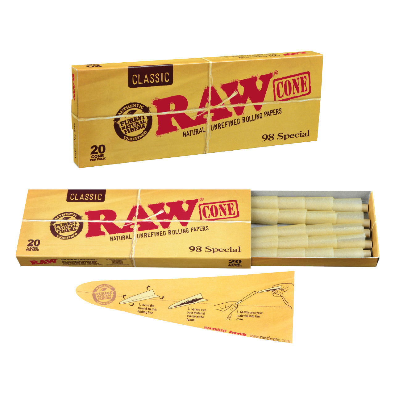 RAW® - Classic 98mm/20mm Pre-Roll Cones (20ct) - Display of 12