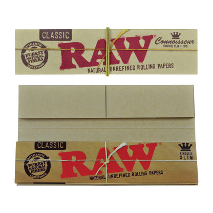 RAW® - Connoisseur King Size Rolling Papers w/Tips (32ct) - Display of 24