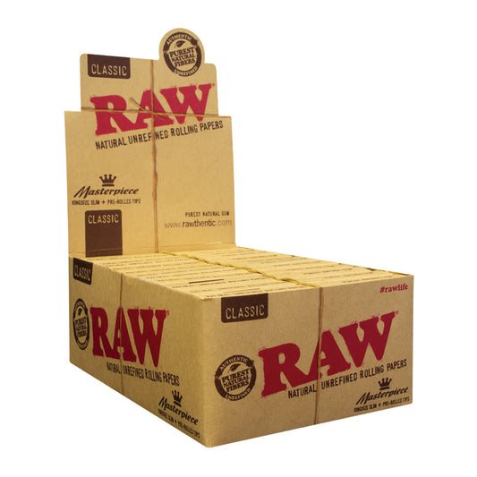 RAW® - Masterpiece King Size Slim Rolling Papers with Tips (32ct) - Display of 24