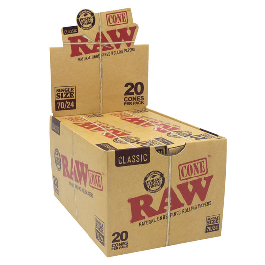 RAW® - Classic Pre-Roll Cone 70mm/24mm Size (20ct) with Funnel - Display of 12