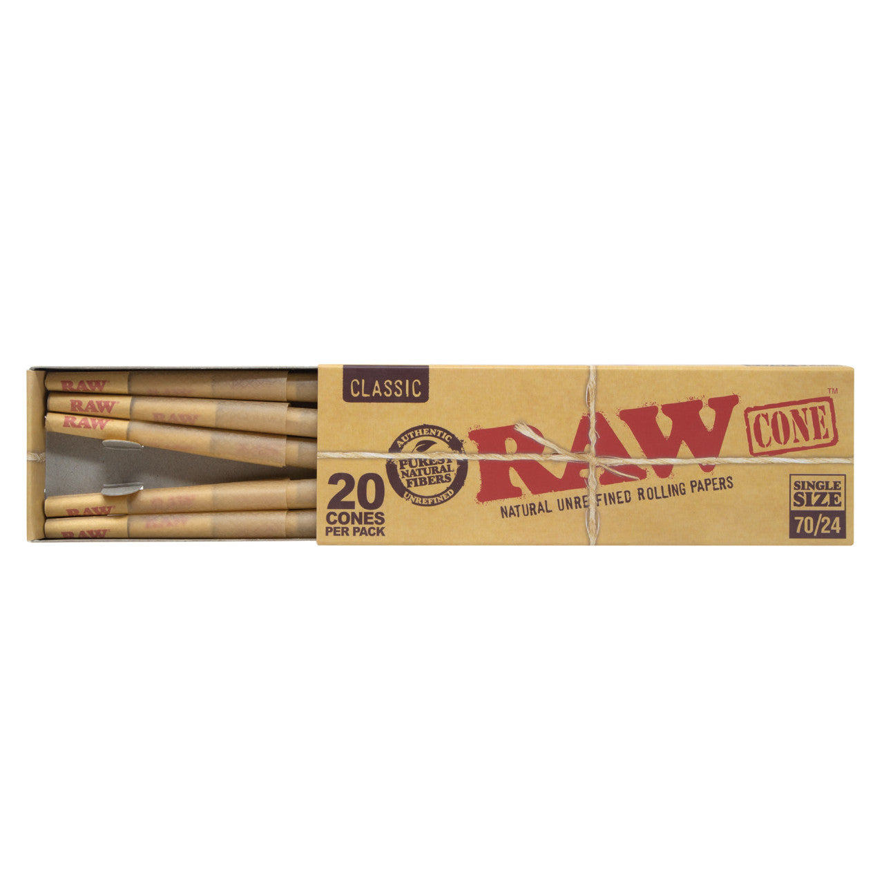 RAW® - Classic Pre-Roll Cone 70mm/24mm Size (20ct) with Funnel - Display of 12