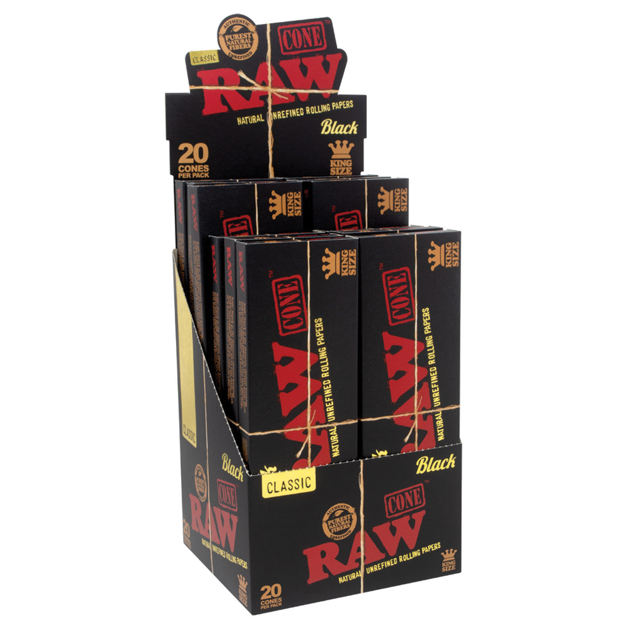 RAW® - Classic Black Pre-Roll Cone King Size (20ct) - with Funnel - Display of 12