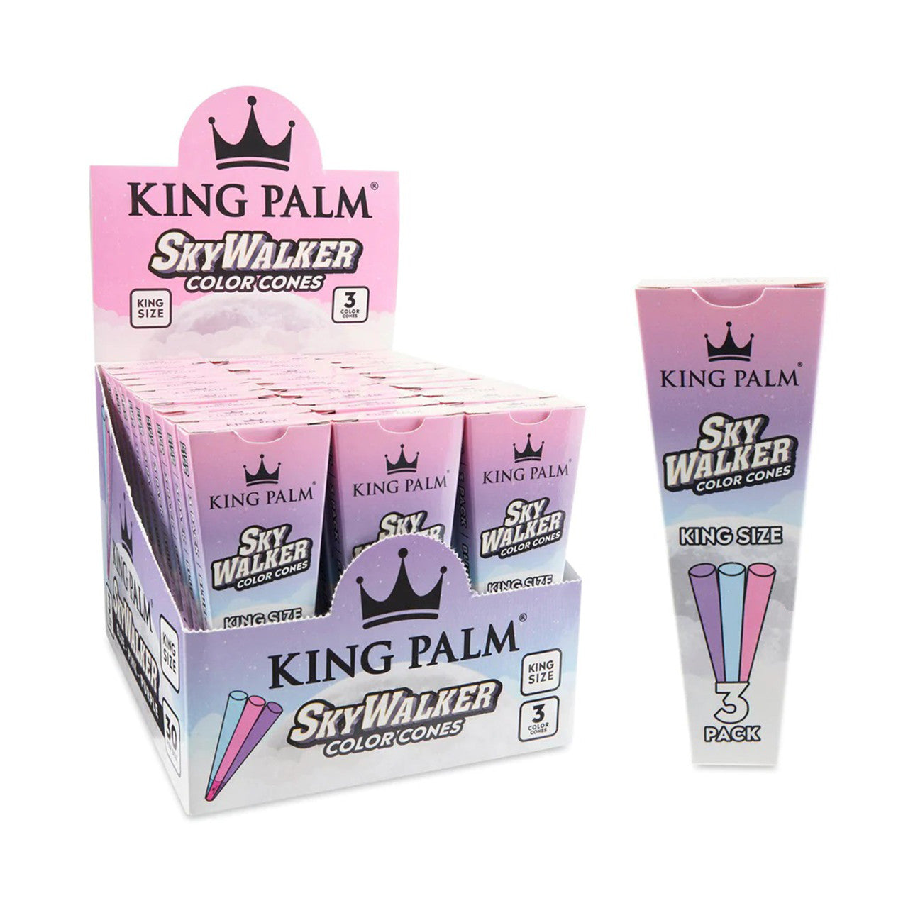 King Palm - King Size SkyWalker Pre-Roll Color Cones (3pk) - Display of 30