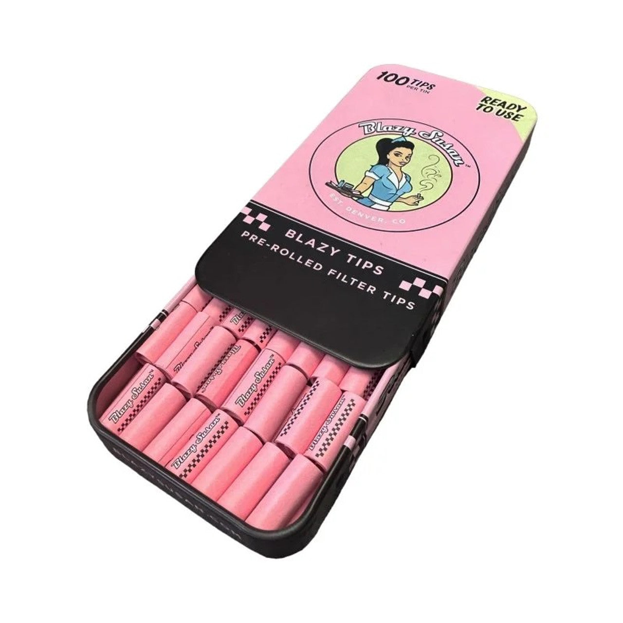 Blazy Susan® - Pre Rolled Pink Filter Tips (100ct) Tin - Pack of 12